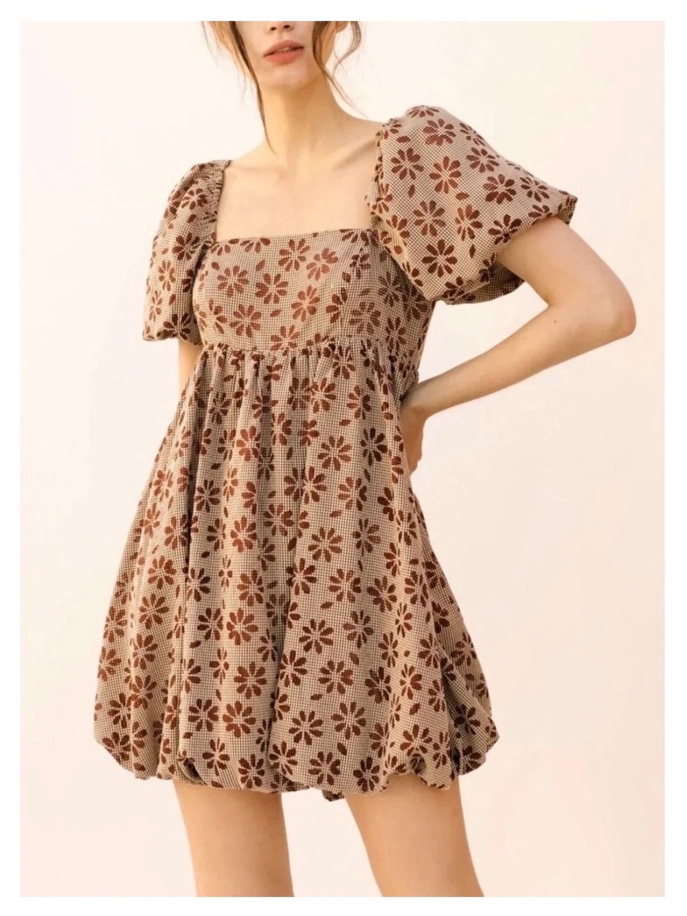 Storia Brown Floral Puff-Sleeve Mini Dress New With Tags Cottage Romantic